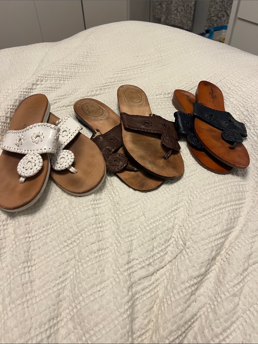 3 Pair Jack Rogers Women’s Leather Thong Sandals - White, Brown, Black